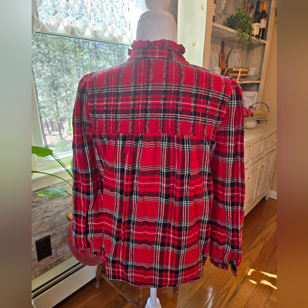J. Crew Red Plaid Smocked Blouse with Green Accents Dize XS - Picture 3 of 4